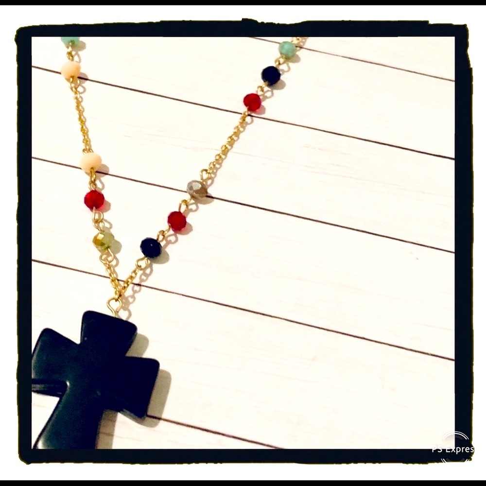 Anthropologie,  Gold Tone Necklace With Faceted Beads & Black Cross Charm
